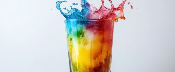 Vibrant Rainbow Liquid Splash in Glass Against White Backdrop, High-Speed Photography