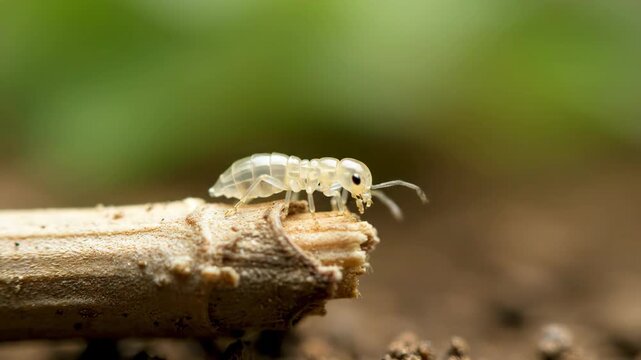 Detailed Macro Video of a Tiny Springtail Insect on a Twig.