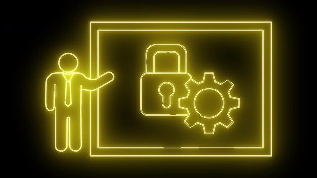 Yellow neon outlines a person pointing to a screen with a padlock and gear