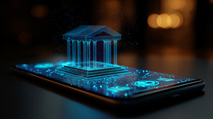 Digital banking concept with glowing bank building on smartphone screen