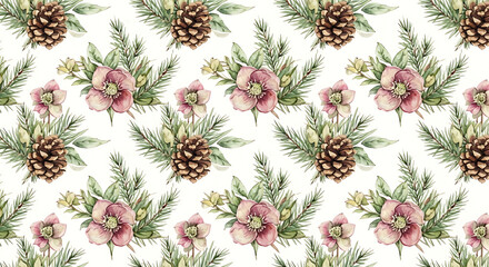 Obraz premium Repeating pattern of watercolor-style pinecones, pink hellebore flowers, and evergreen sprigs on a white background.