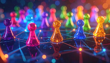 Abstract representation of colorful pawns connected by glowing lines, symbolizing network connections and digital data flow