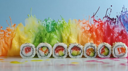 Vibrant Rainbow Splash Behind Fresh Sushi Rolls on White Surface