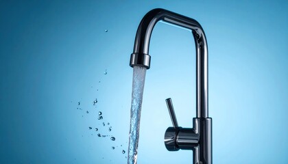 Water Flowing from a Modern Faucet Against a Blue Gradient Background