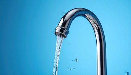 Clean water flowing from a modern chrome faucet against a vibrant blue background, representing purity and utility