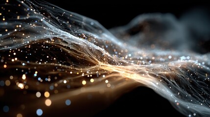 Abstract illustration of glowing particles and flowing lines over a dark background