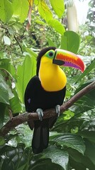 Vibrant Rainbow-Billed Toucan Perched on Branch, Lush Green Foliage