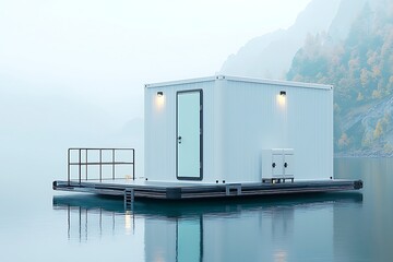 Obraz premium Modern Minimalist Floating Cabin in Serene Misty Landscape by Calm Water Body