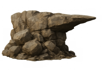 Stone rock formation with overhang and ledge isolated on transparent background, showing natural geology