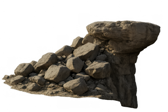 Rock formation with boulder rubble and scree, natural rocky landscape element on transparent background