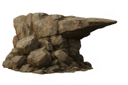 Stone rock formation with overhang and ledge isolated on transparent background, showing natural geology