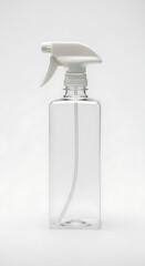 Empty, clear plastic square spray bottle with a white trigger sprayer for mockups and cleaning products.