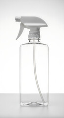 Empty, clear plastic square spray bottle with a white trigger sprayer for mockups and cleaning products.