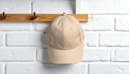 Simple beige baseball cap hanging on a wooden hook against a textured white brick wall, portraying everyday style and casual comfort in a clean home setting