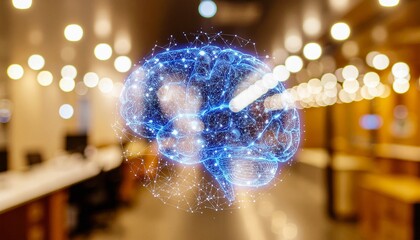 brain glowing with blue data  and bokeh background