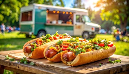 A delicious close-up of three gourmet hot dogs with assorted toppings on a rustic table at an outdoor summer food festival