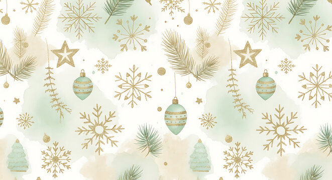 Elegant seamless Christmas pattern with golden snowflakes, fir branches, and mint green ornaments on a subtle watercolor background.
