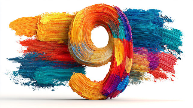 Abstract colorful brush strokes the word "9" isolated on white background