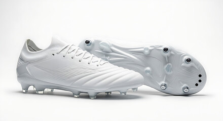 Clean studio photograph showcasing the detail of new, monochrome white football boots, focusing on the upper texture and the studded sole.