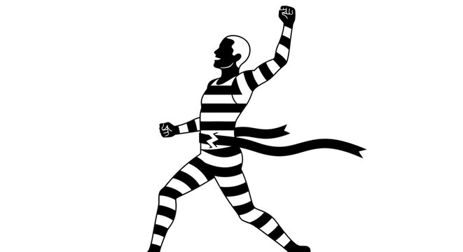 Triumphant figure in striped attire breaks through a finish line ribbon, celebrating a hard-won victory.