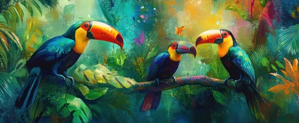 Vibrant Toucans Perched in Lush Jungle, Artistic Oil Painting.
