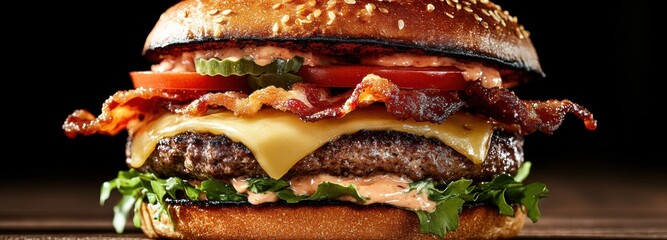 Juicy burger with crisp bacon, melted cheese, and fresh toppings on a toasted brioche bun served on a wooden table