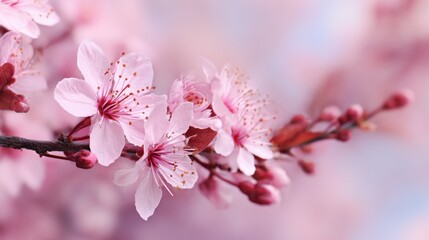 Naklejka premium A pink cherry blossom branch with delicate petals and stamens against a blurred pink and blue background.