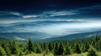 A vast, serene mountain landscape with dense forests and distant peaks under a dramatic, cloudy sky.