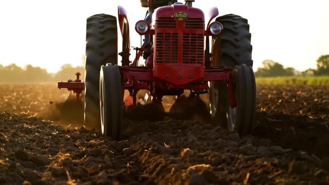 Red tractor plows a field at sunrise