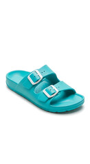 Bright turquoise EVA double-strap slide sandal featuring white buckles and a molded footbed, perfect for summer casual wear.
