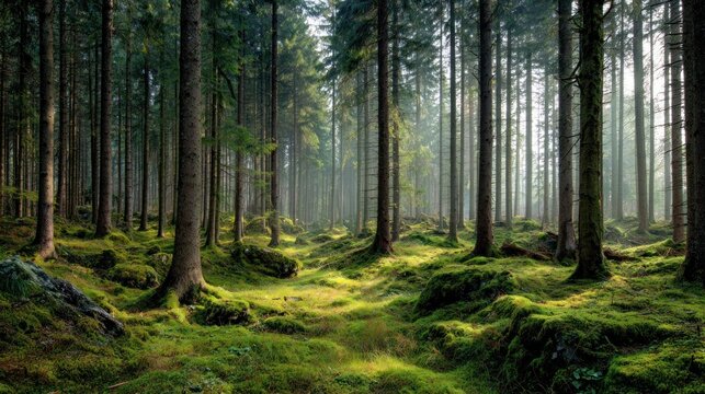 A serene forest landscape with moss-covered ground, tall trees, and a misty atmosphere.