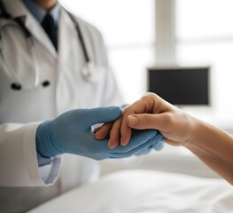 Compassionate Doctor: A moment of medical compassion, holding a patient's hand with medical gloves