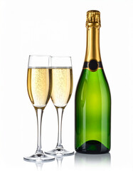 A green champagne bottle with gold foil top and two crystal glasses filled with spark