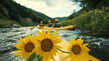 Vivid Sunflowers in Focus on a Yellow Raft During a Mountain River Adventure