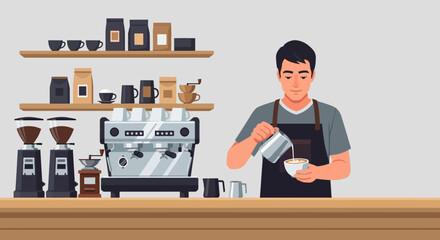 Professional barista pouring milk into a coffee cup at a modern cafe counter. Espresso machine, grinders, and coffee bags visible, illustrating skilled beverage preparation