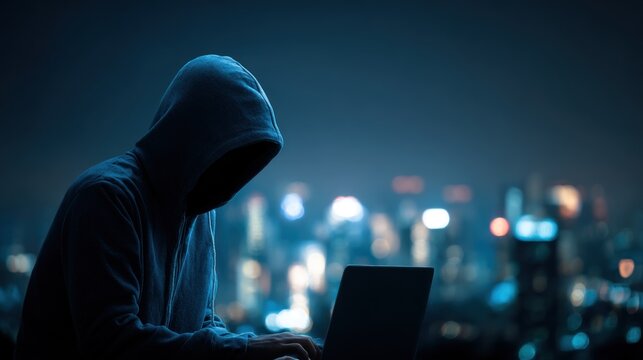 A hooded figure using a laptop in a cityscape at night.