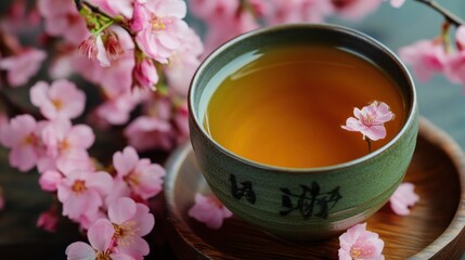 Warm Amber Tea in Rustic Cup with Floating Sakura, Framed by Blurry Pink Blossoms