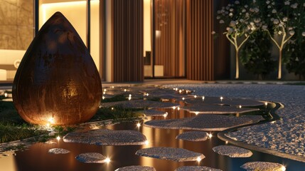 Modern Outdoor Water Feature at Dusk with Illuminated Pathway and Lush Greenery