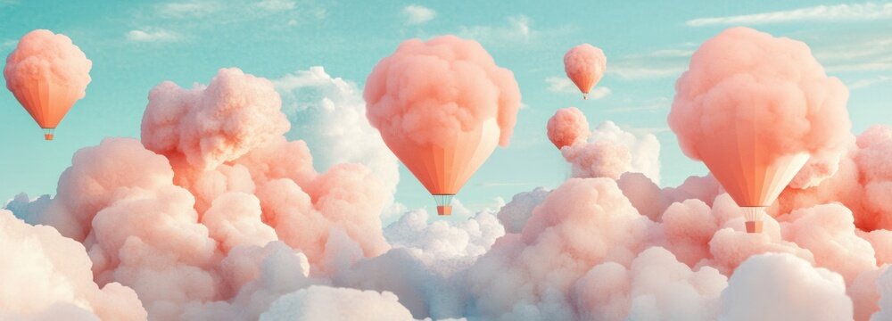 Dreamy pastel pink hot air balloons floating above serene clouds at sunrise