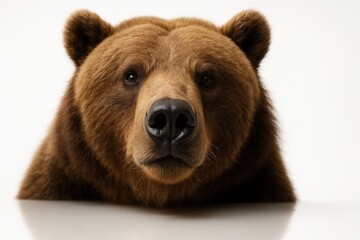 Fototapeta premium Grizzly bear extreme close up on white isolated nose and whiskers dominant sharp eyes macro wildlife studio portrait