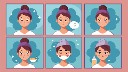 A woman applies various facial masks, showcasing different skincare treatments on her face..eps