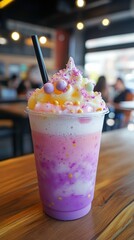 Whimsical Pastel Layered Smoothie with Whipped Cream, Colorful Sprinkles, and Candies on a Cafe Table