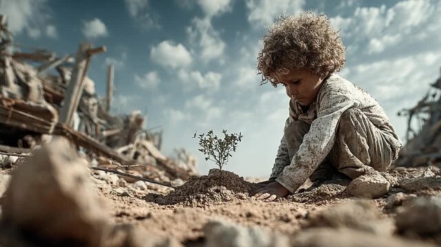 Child planting a tree in a devastated landscape