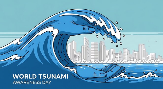 World Tsunami Awareness Day illustration with wave forming hands to protect a city