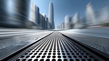 Modern Urban City Skyline with Tall Skyscrapers and Blurred Motion Effect