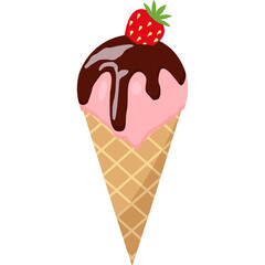 Strawberry Ice Cream Cone with Chocolate Drizzle and Fresh Strawberry Topping Isolated on White Background