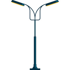 Street Light Pole With Two Headlights In Dark Blue Color Illuminated By Yellow Light On A Transparent Background