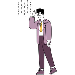 Stressed Businessman Holding Head In Distress Feeling Overwhelmed And Exhausted Wearing A Purple Jacket Yellow Tie And Dark Pants With A White Shirt In A Minimalist Flat Design Style