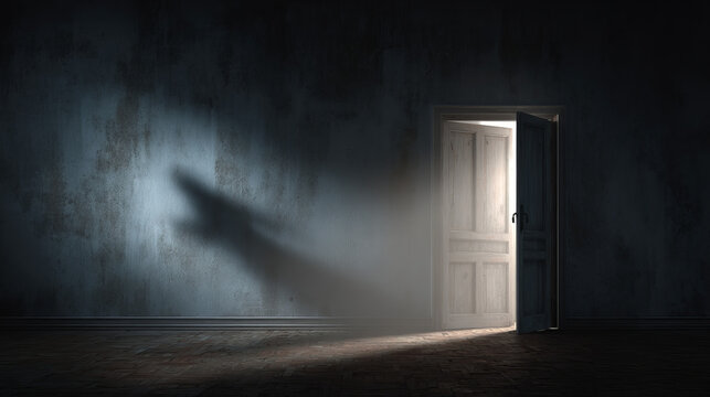 An image depicting haunted house interior spirit spooky darkness danger mental illness and fear closeup of an open door open in dark room with a shadow of a floating ghost on the wall Halloween	