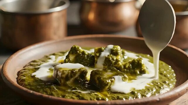 Traditional Indian Palak Paneer dish being plated with cream and spice garnish